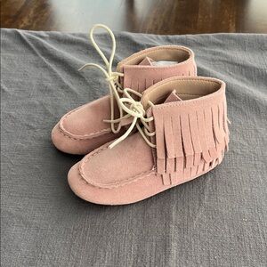 Monkey Feet Pink Suede Fringed Moccasin